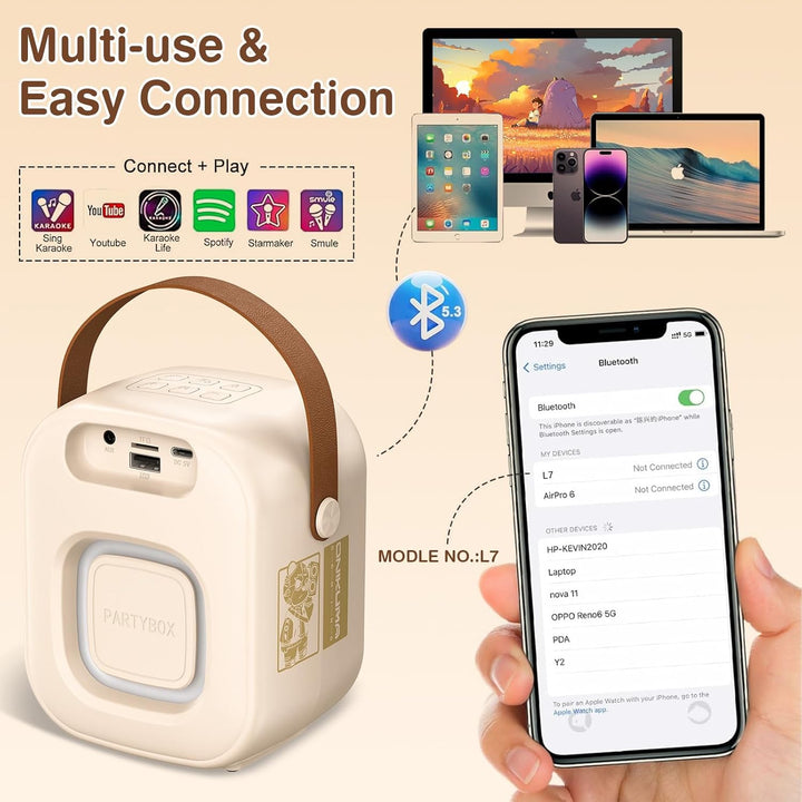 PHNIXGAM Mini Karaoke Maschine mit 2 drahtlosen Mikrofonen, Tragbarer Bluetooth Lautsprecher, Karaok