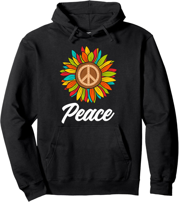 Sunflower Flower Peace Sign World Retro Hippie 70s Rainbow Pullover Hoodie