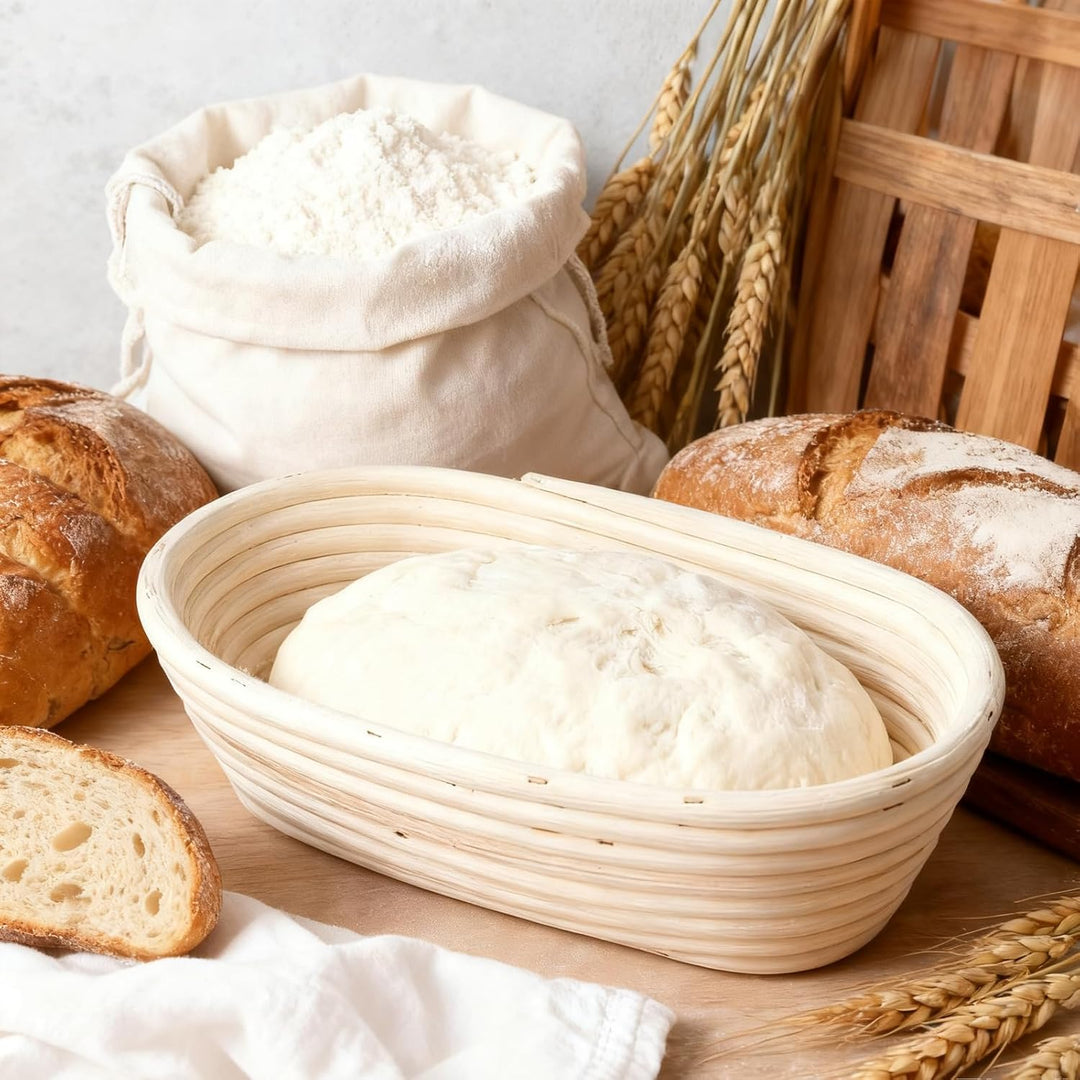 2 Stück Gärkörbchen Oval 25x15x8 cm, Rattan Brot Gärkorb mit Leineneinsatz, Brotgärkörbe Set Brotbac