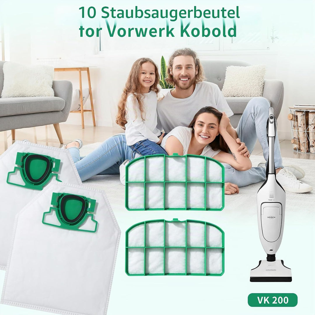 10 Staubsaugerbeutel für Vorwerk Kobold VK200 und FP200 Staubsauger, inklusive 2 Filter, staubsauger