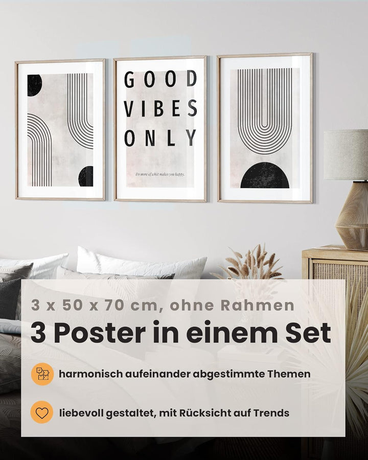 MUUDLY® Premium Poster 50x70 cm 3er Set, Grosse Bilder als Wanddeko, Moderne Wandbilder Hochformat (