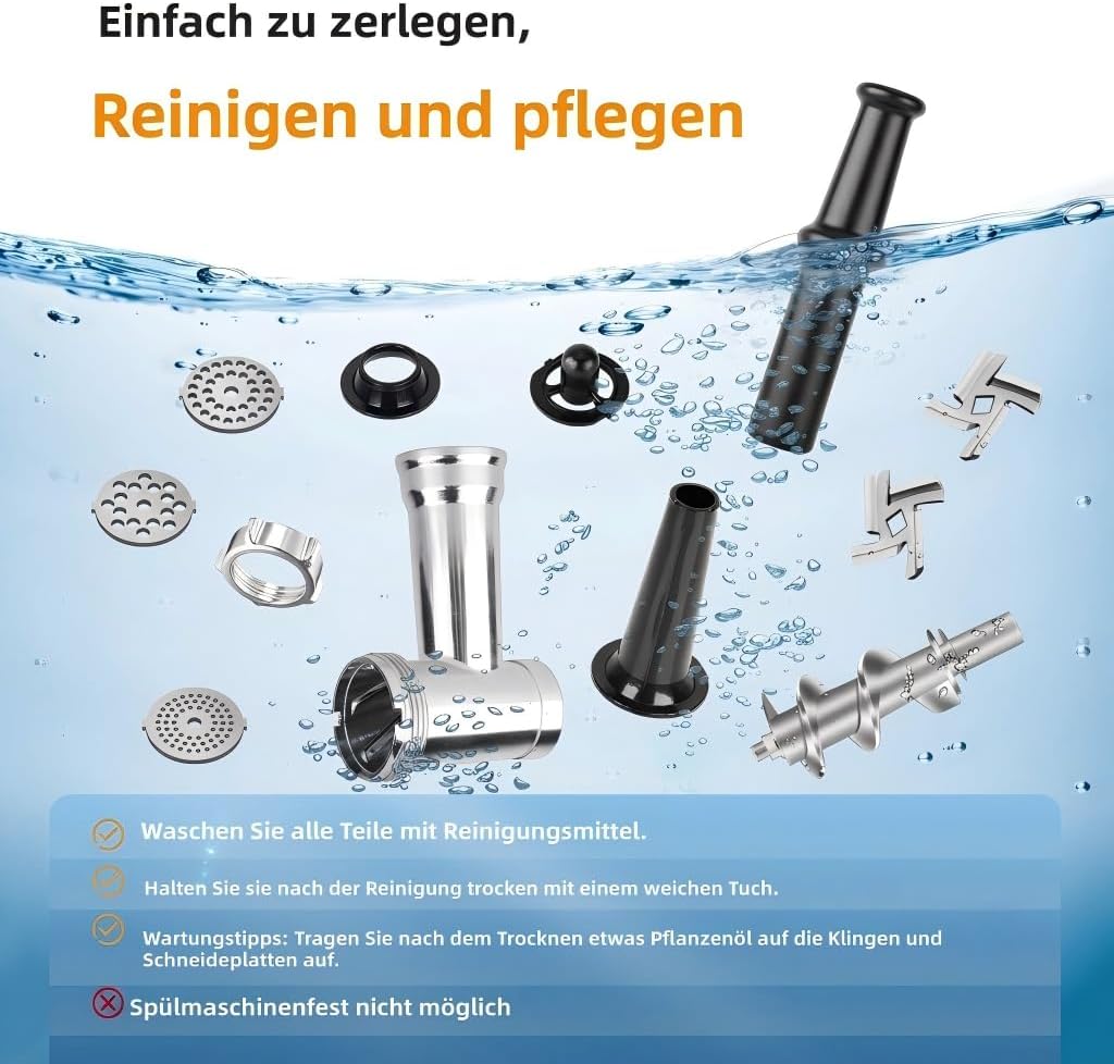 CHEFFANO Elektrischer Fleischwolf 2000W, mit 3 Schneidscheiben, Wurstfüller &amp; Kubbe-Aufsatz, Leistun