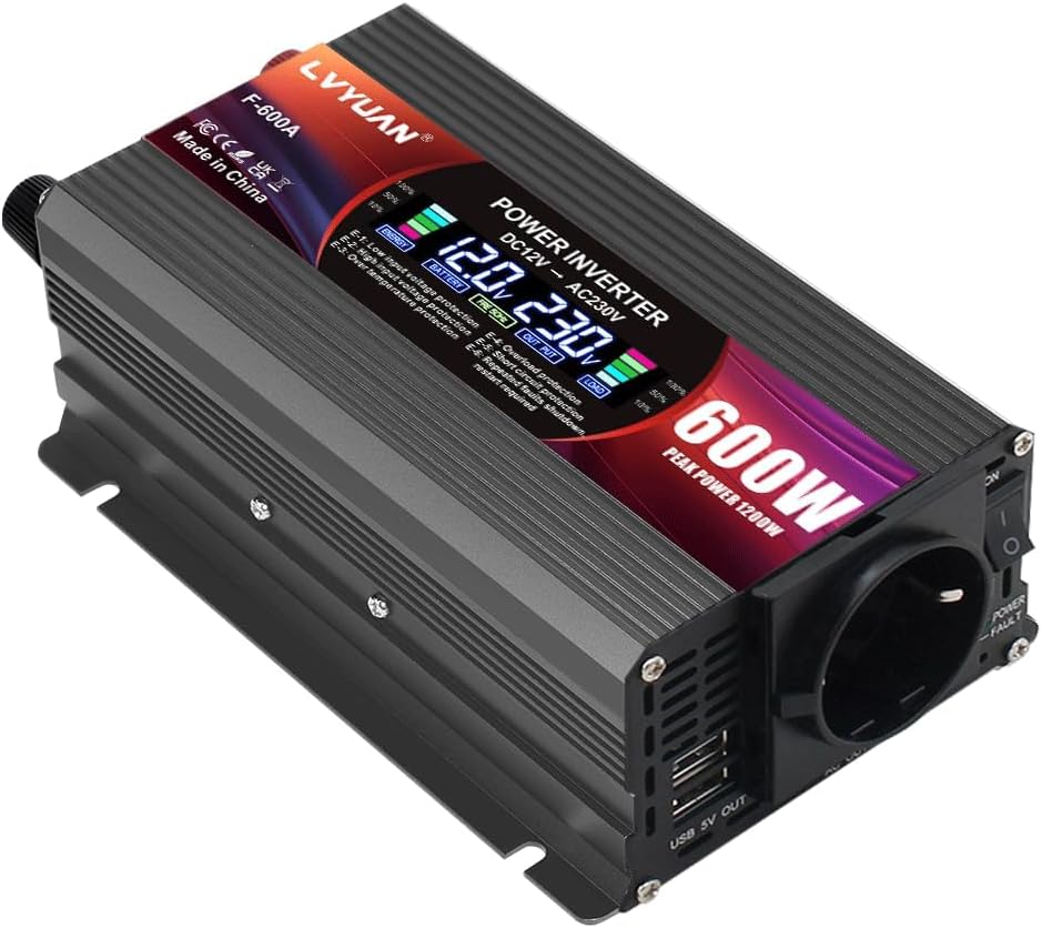 LVYUAN Wechselrichter 12V 230V 600W/ 1200W DC auf AC Spannungswandler 1 AC Steckdose & 2 USB Port St