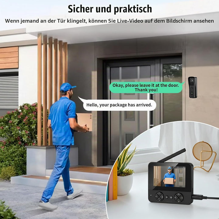 Türklingel mit 4,3 Zoll Monitor und Kabellose Kamera – Video Türklingel ohne WLAN, 2-Wege-Audio HD K