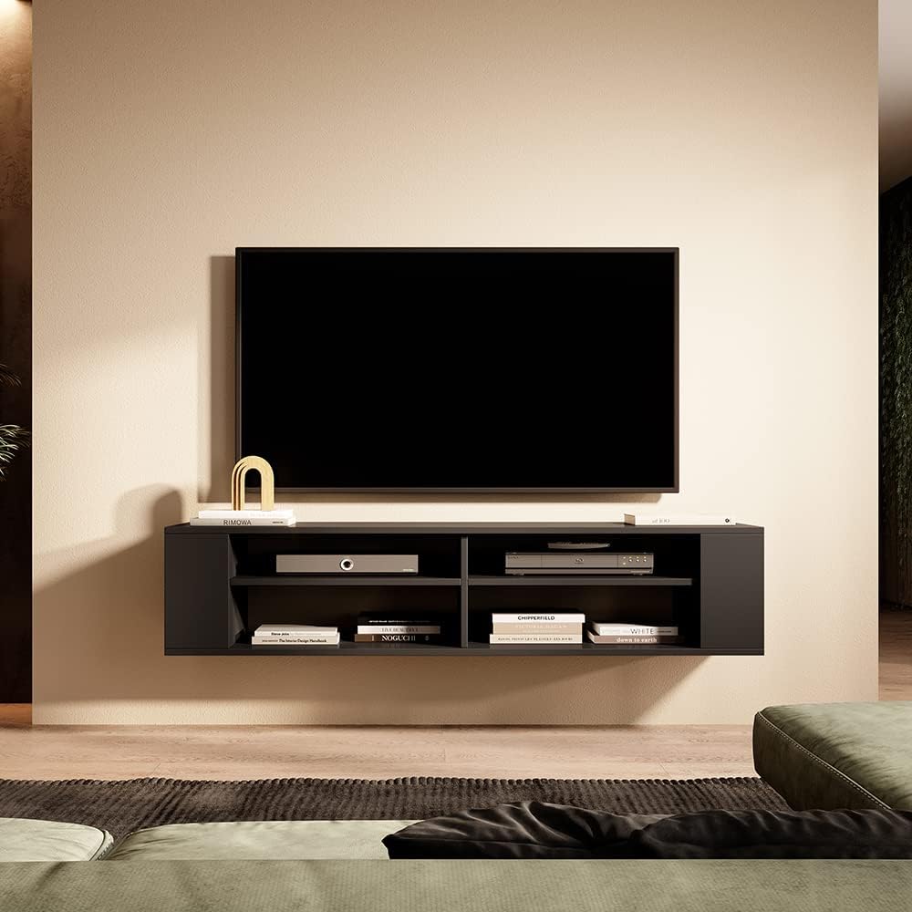 Selsey Weri - TV-Board hängend mit 4 offenen Fächern, minimalistisch, 140 cm breit (Schwarz), Schwar