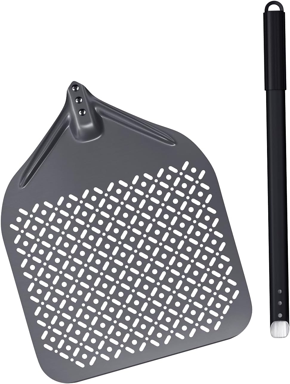 NUTUNI Pizzaschaufel, perforiert, 36 cm, Pizzaschaufel aus harteloxiertem Aluminium mit abnehmbarem