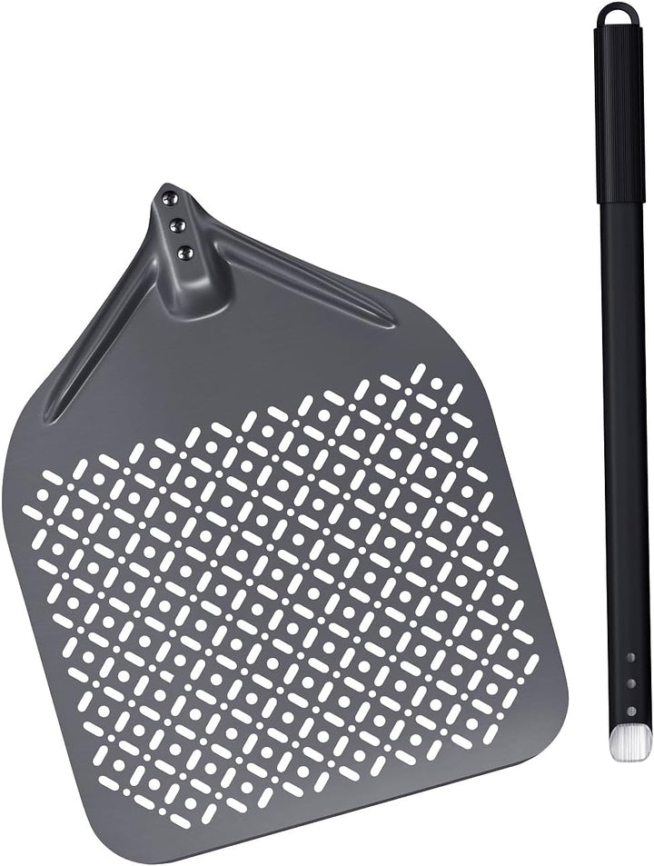 NUTUNI Pizzaschaufel, perforiert, 36 cm, Pizzaschaufel aus harteloxiertem Aluminium mit abnehmbarem
