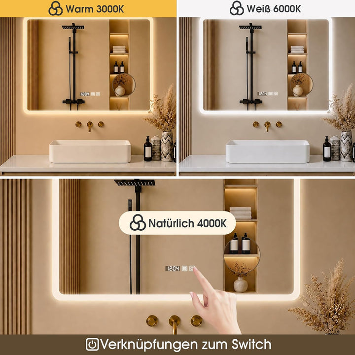 Badspiegel mit Beleuchtung, 60 x 80 cm Zeit anzeigen 3 Farben Dimmbar | Spiegel mit LED Licht Anti N