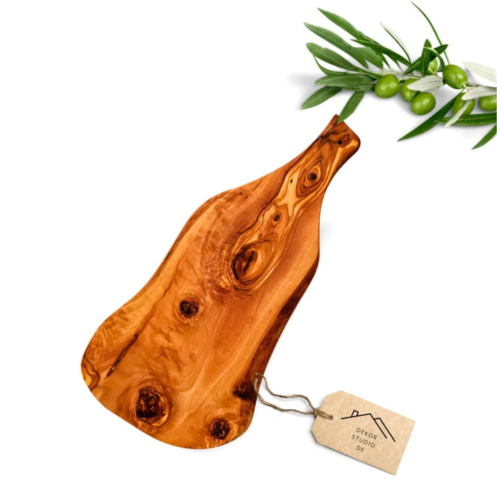 Servierbrett Schneidebrett RUSTIKAL aus Olivenholz – Handgefertigt, ca. 34 cm, mit Griff, natürlich