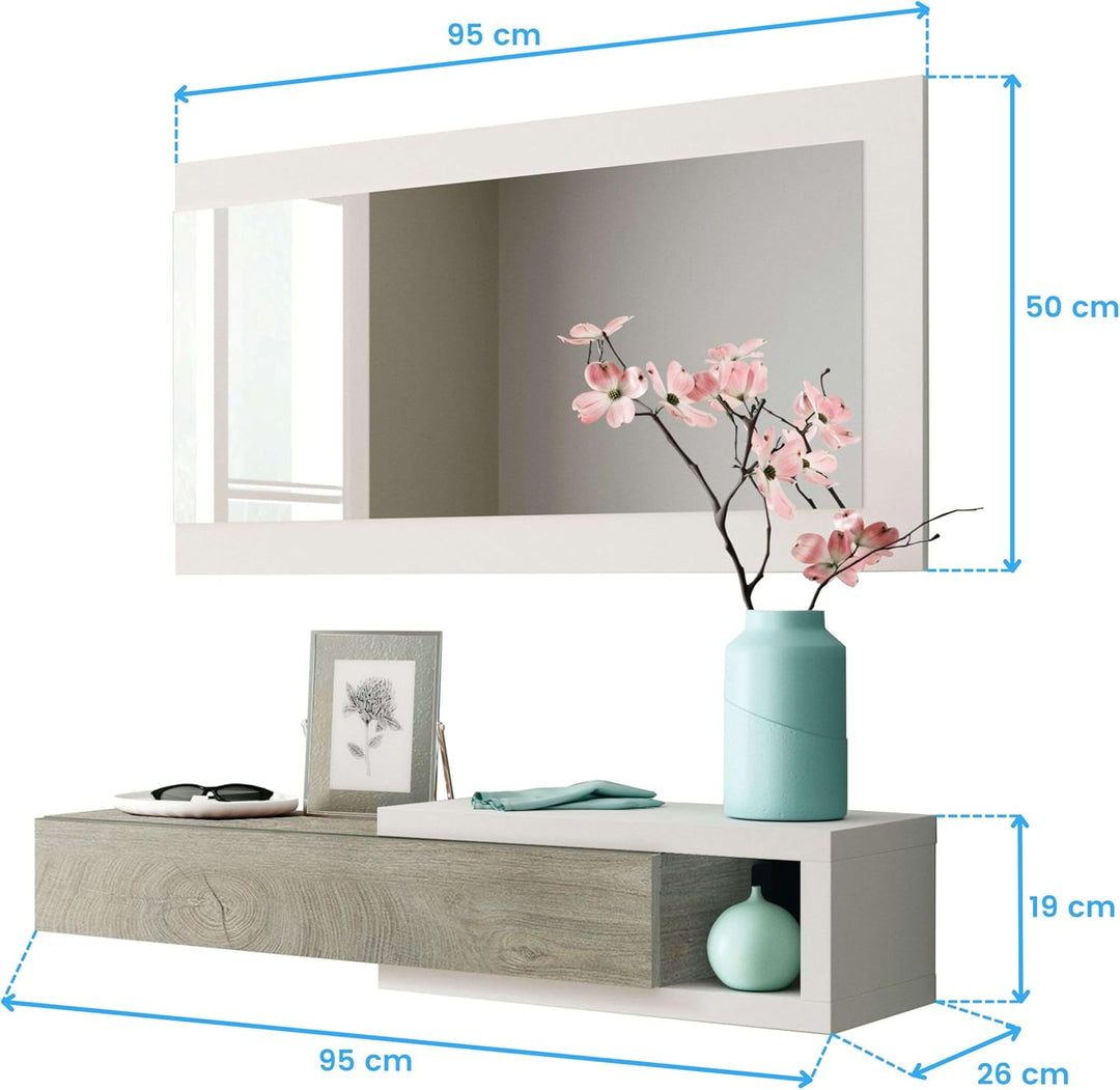 Flur mit Schublade und Spiegel, Eingangsmöbel, Modell Noon, Ausführung in Artik White und Alaska Oak