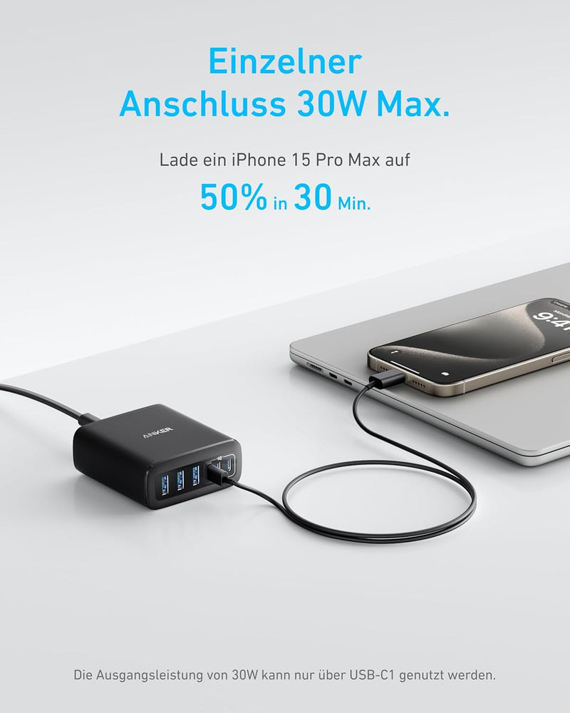 Anker USB-C Ladegerät, 6 Port Ladestation mit 112W Ausgang Leistung, Für iPhone 16/16 Plus/16 Pro/16