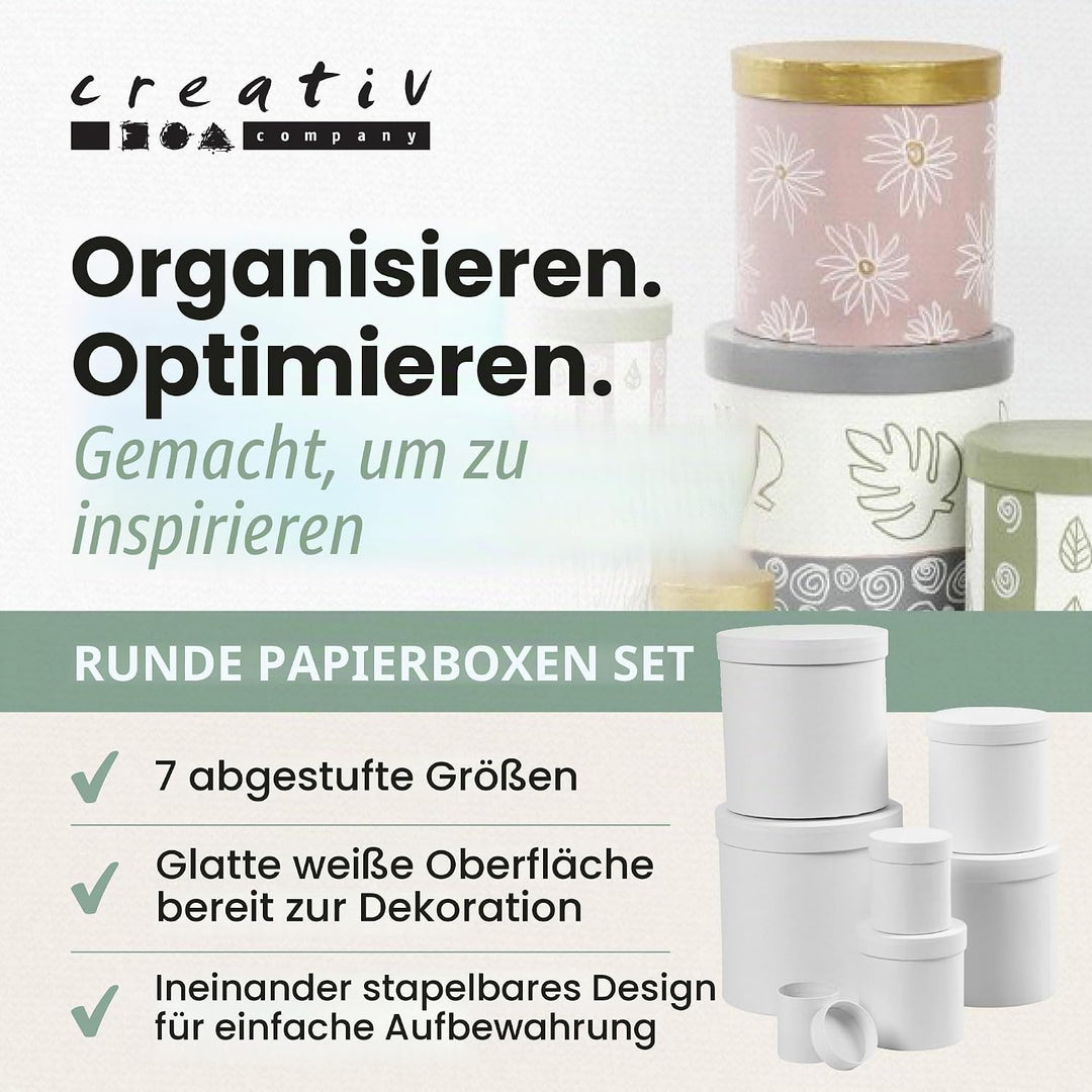 Runde Boxen, rund, D: 7+9+12+14,5+17+19,5+22 cm, H: 7,5+10,2+12,7+15,2+17,7+20,2+22,7 cm, weiss, 7 S