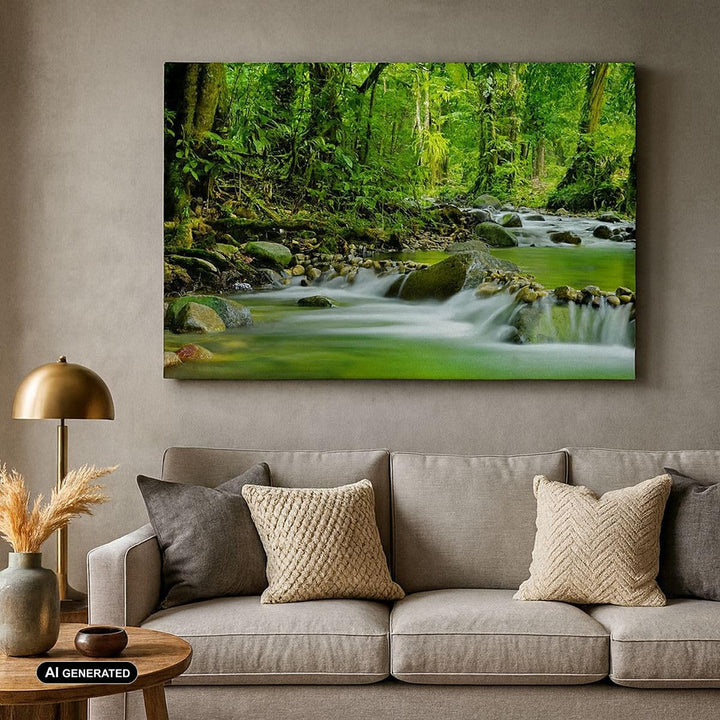 Bilder auf Leinwand 100x70cm Leinwandbild mit Rahmen Stream Wald Natur Gross Wanddeko Bild Schlafzim