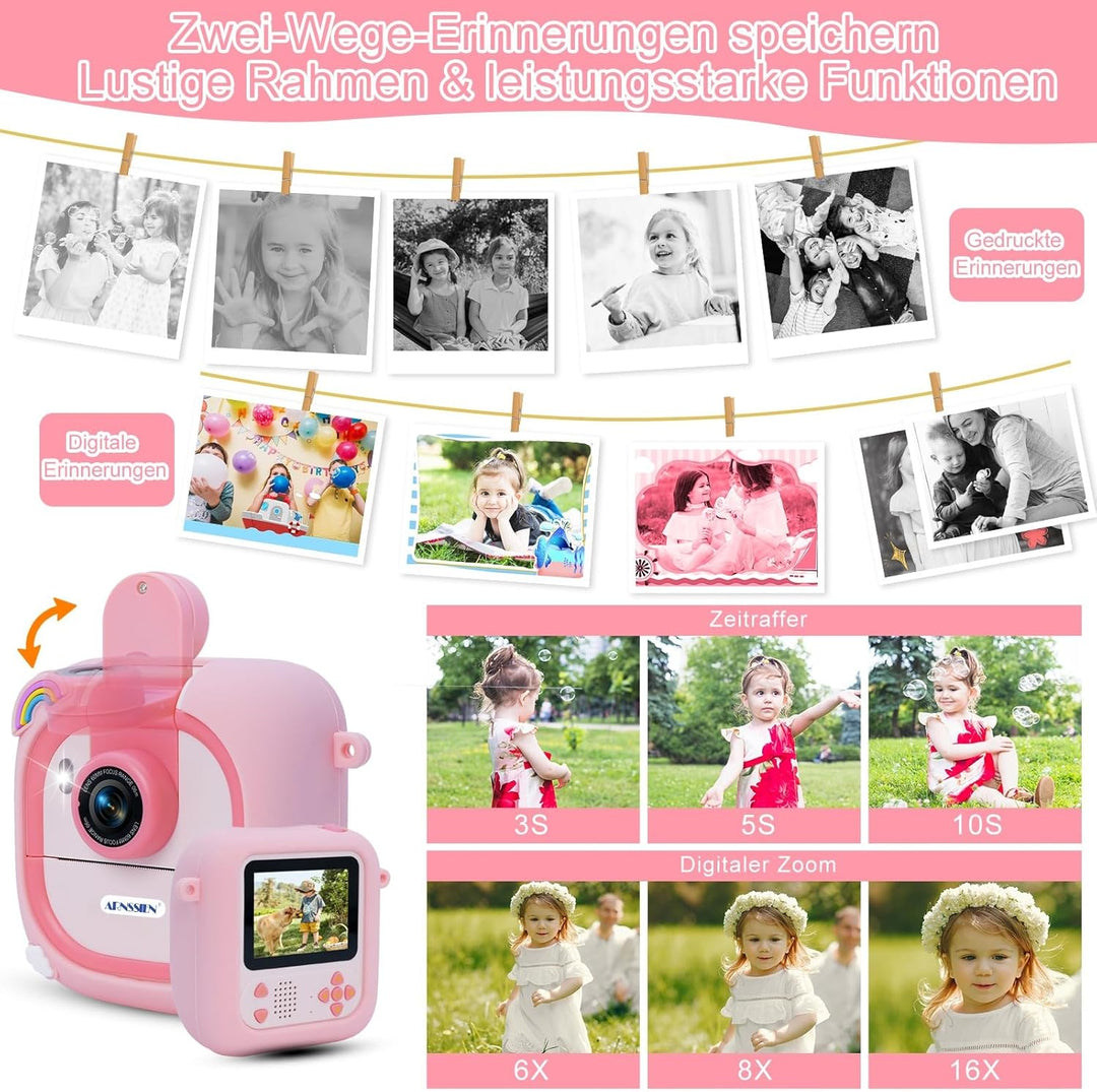 ARNSSIEN Sofortbildkamera Kinder mit 180°-Klappobjektiv, 2,4" 1080P Kinderkamera mit 3 Druckpapier,