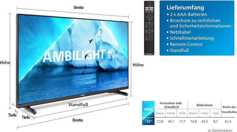 Philips Ambilight TV | 32PFS6908/12 | 80 cm (32 Zoll) LED Full HD Fernseher | 60 Hz | HDR | Smart TV