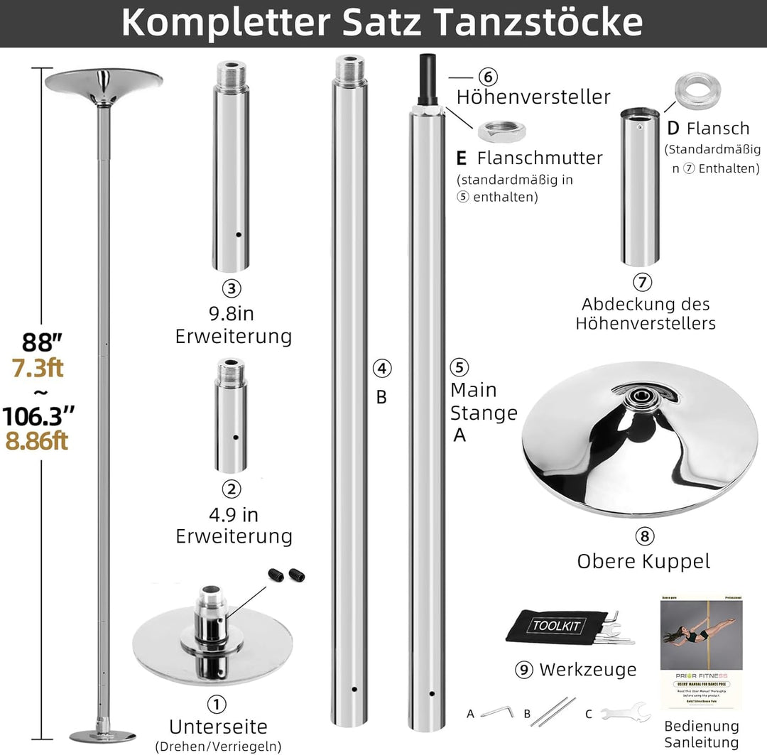 45MM Dance Pole Stange - Hochwertige Höhenverstellbare Poledance Stange für das Tanzen im Innenberei