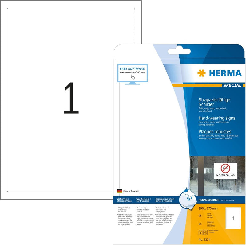 HERMA 8334 Wetterfeste Folienetiketten, 25 Blatt, 190 x 275 mm, 1 Stück pro A4 Bogen, 25 Aufkleber,