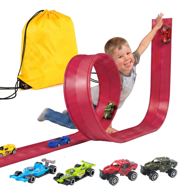 Autorennbahn Flexible Rennstrecke mit 4 Autos & Tragtasche – Soft Rennbahn Spielzeug für Kinder ab 3