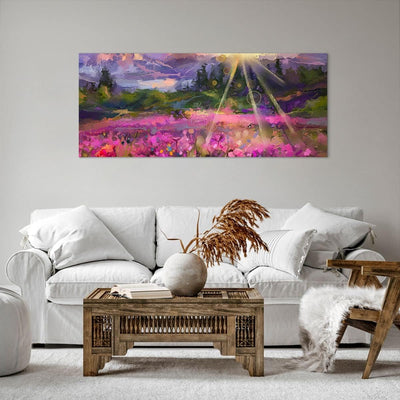 Wandbilder Dekoration Wohnzimmer Berge Blumen Blumen Panorama Bilder auf Leinwand 120x50cm Leinwandb