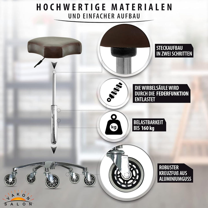VAKON SALON - Ergonomischer Sitzhocker braun höhenverstellbar von 50 bis 65 cm Rollhocker - Drehhock