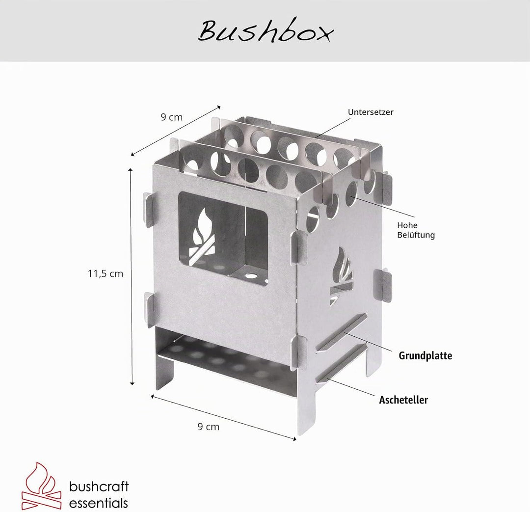 BUSHBOX SET Outdoor-Kocher | Hobo-Kocher | Camping | Holz | Gas | Spiritus | Steckbar | Kompakt | Mi