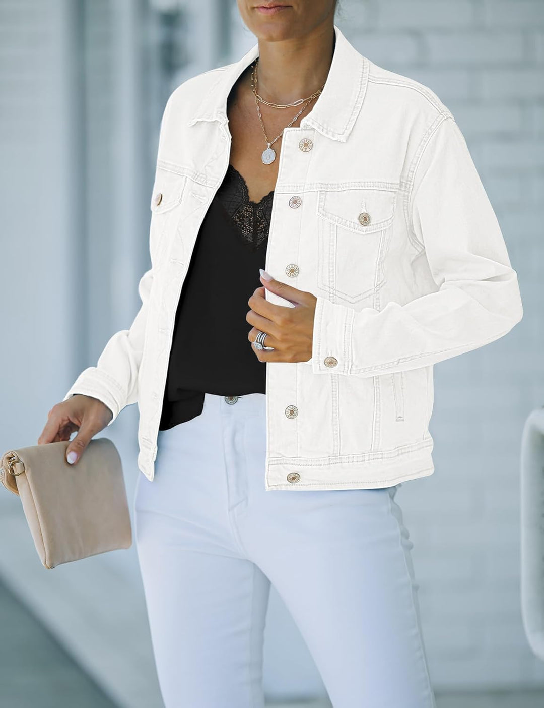 Roskiky Jeansjacken Damen Jean Stretchy Langarm Trucker Jacke mit Tasche L Weiss, L Weiss