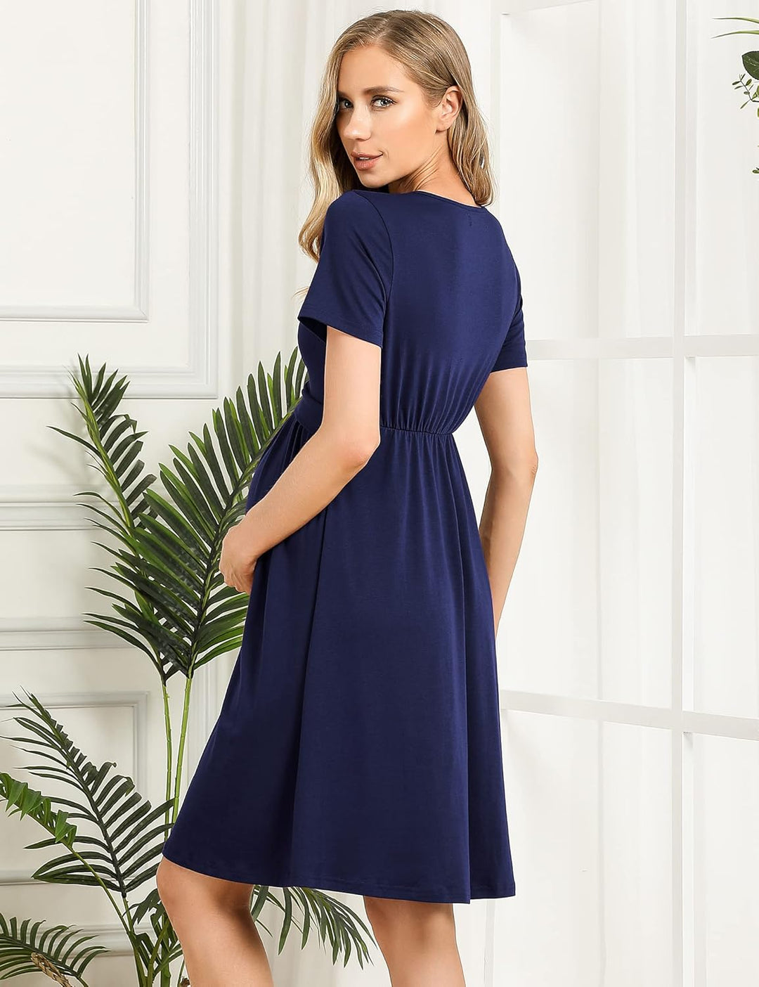 KOJOOIN Damen Umstandskleid V-Ausschnitt Stillkleid Casual Falten Schwangerschaftskleid(Verpackung M