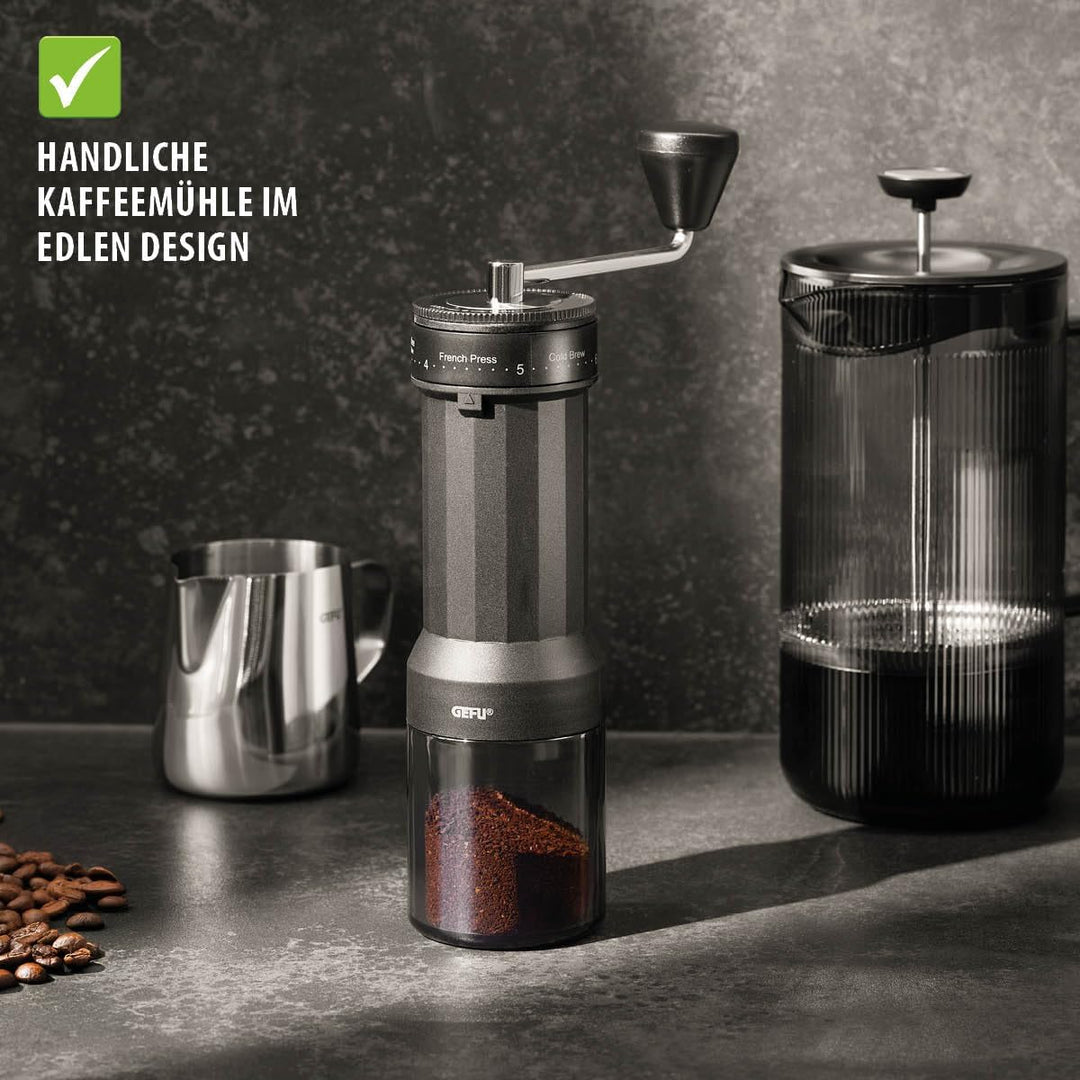 GEFU Kaffeemühle LOCO | Manuelle Kaffeemühle mit Keramikmahlwerk | 5 Mahlstufen für Espresso, Filter