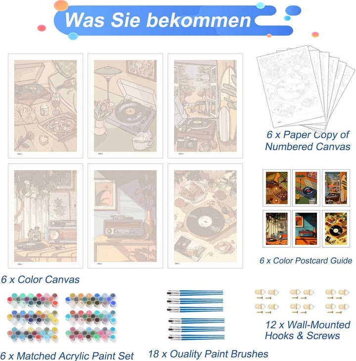 JATOK 6 Stück Malen Nach Zahlen Erwachsene, DIY Retro-MusikGemälde für Anfänger, Handgemalt Ölgemäld