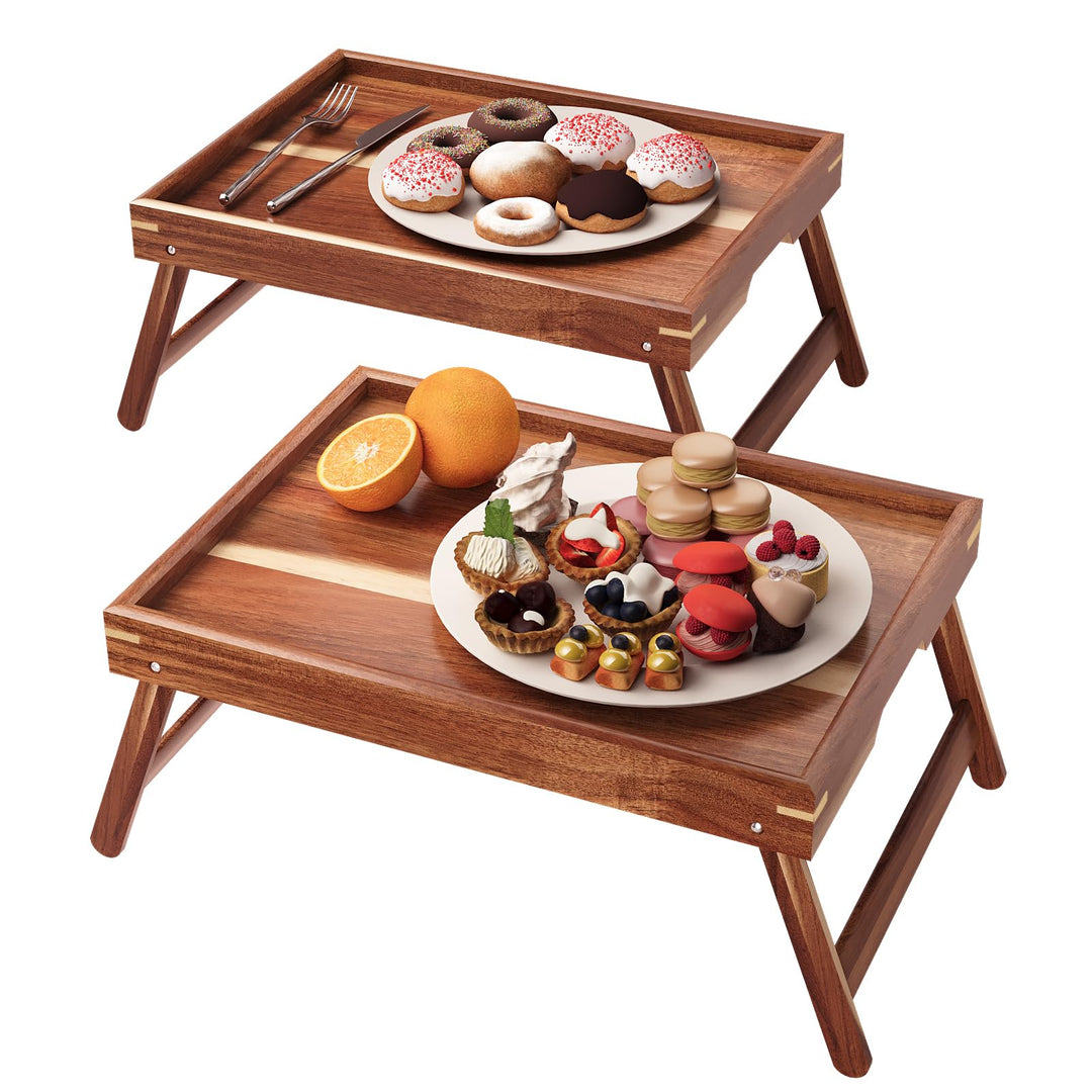 2er Pack Betttablett mit klappbaren Beinen,Akazienholz Frühstückstabletts,Serviertablett Betttisch f