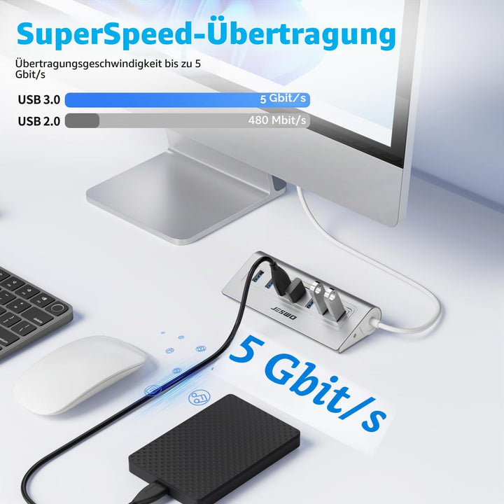 USB Hub 3.0 7-Port, Aluminium USB Verteiler Adapter mit Mehrfach USB 3.0 5Gbit/s, 100cm Langkabel un