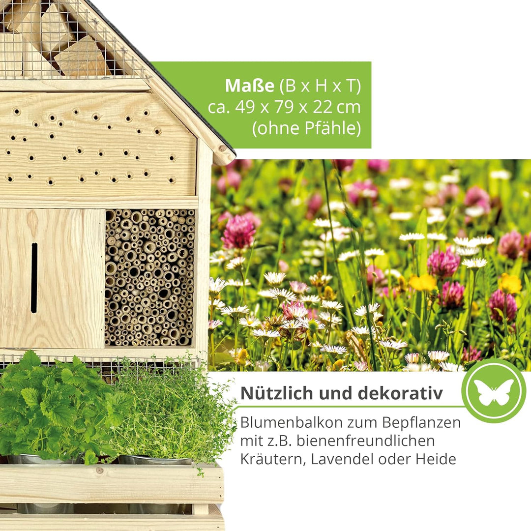 GARTENETAGE Stehendes Insektenhotel XXL mit Pflanzenoase &amp; Schieferdach/Naturbelassenes, massives In