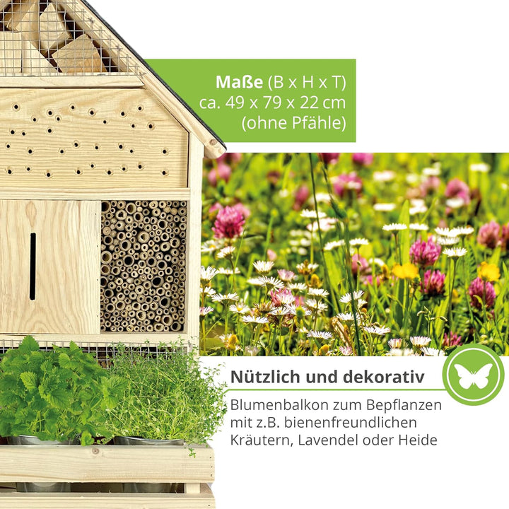 GARTENETAGE Stehendes Insektenhotel XXL mit Pflanzenoase &amp; Schieferdach/Naturbelassenes, massives In