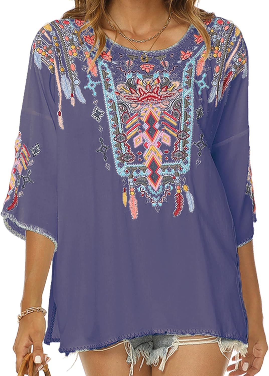 Boho Stickerei Bluse Hippie Kleidung Damen 70er 80er Jahre Bekleidung Bohemian Folklore Besticktes T