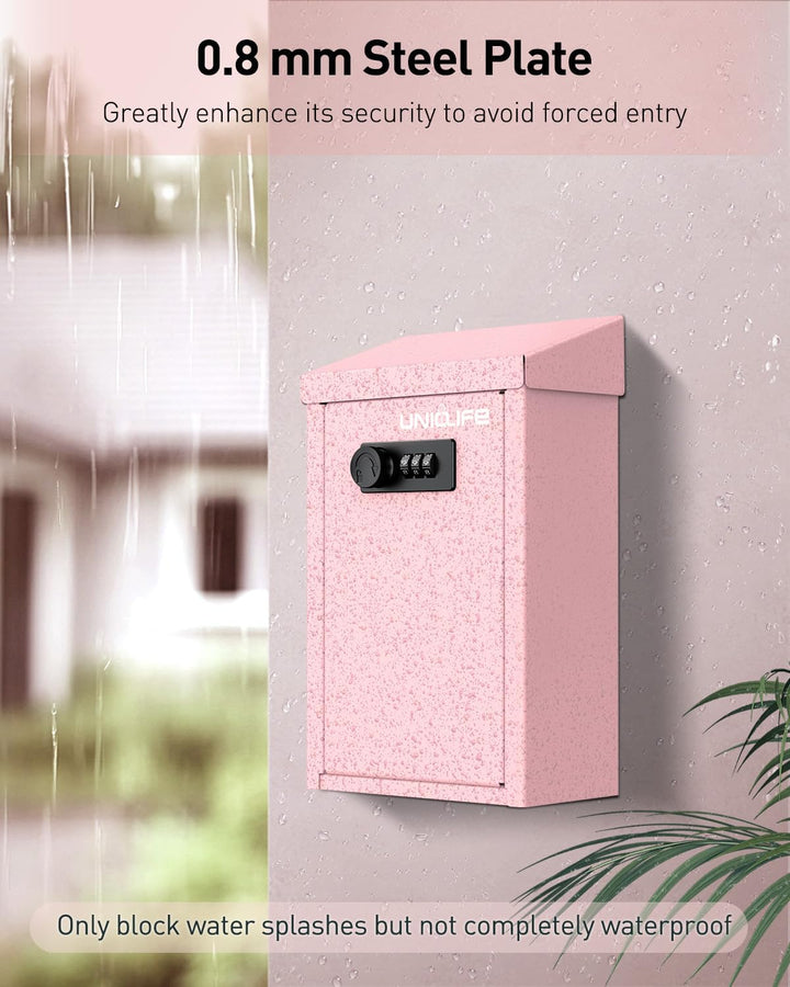 Uniclife Rosa Metall Wandbriefkasten mit Schlitz oben, Schlüssel-Dropbox mit Zahlenschloss für ausse