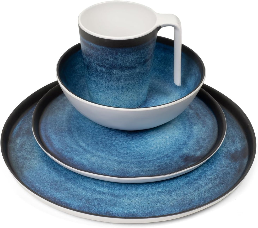 Melamin Camping Geschirr Set 4 Personen Deep Ocean + 16 Milano Gläser Wassergläser Weingläser Champa
