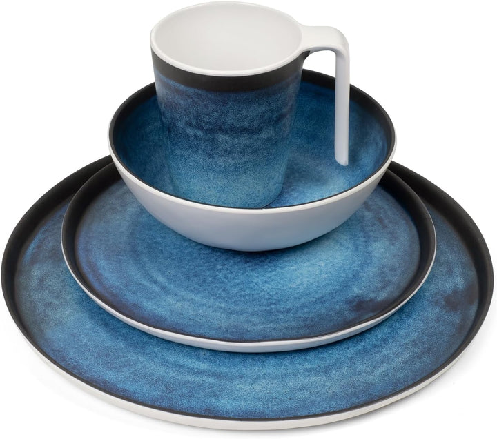 Melamin Camping Geschirr Set 4 Personen Deep Ocean + 16 Milano Gläser Wassergläser Weingläser Champa