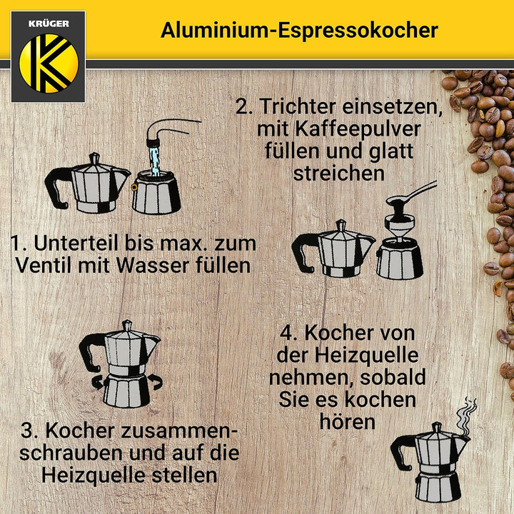 KRÜGER Aluminium-Espressokocher mit Silikon-Dichtring für 3 Tassen - schnelle und einfache Espresso-