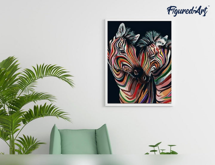 Figured'Art Malen Nach Zahlen Erwachsene Mit Rahmen Buntes Zebrapaar - Paint by Numbers Basteln DIY