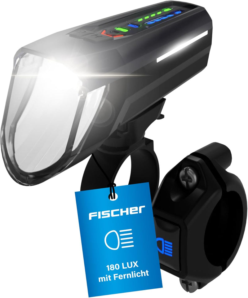 FISCHER Fahrrad LED-Frontlicht 100 Lux Fernlicht, mit Sensormodus, spritzwassergeschütztes Gehäuse,