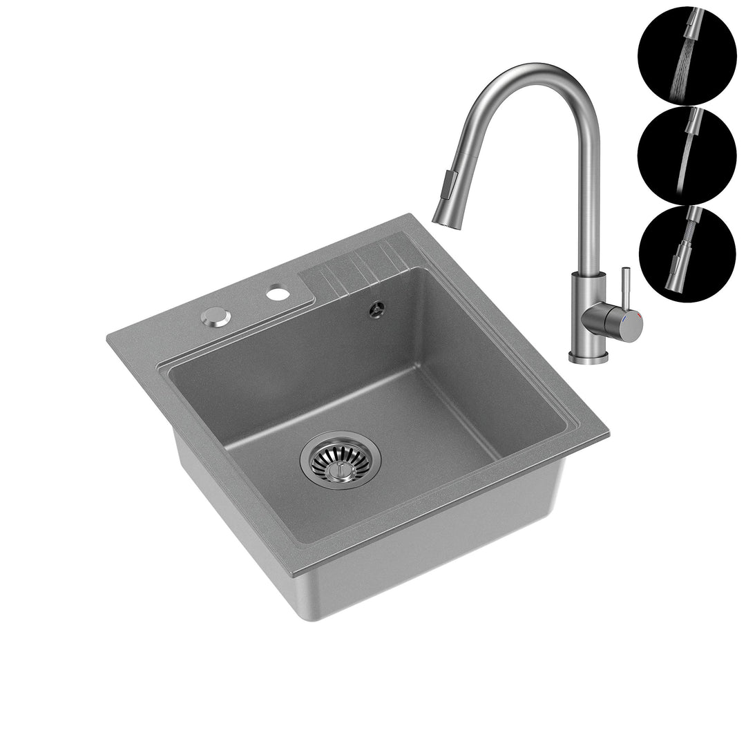 VBChome Spüle mit Armatur 52 x 50 cm Grau Tiefes Becken Küche Einbauspüle Verbundspüle Küchenspüle E