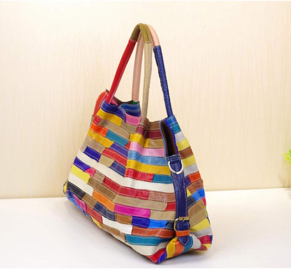 Segater® Damen Multicolor Einkaufstasche Echtes Leder Handtasche Bunte Patchwork Grosse Umhängetasch