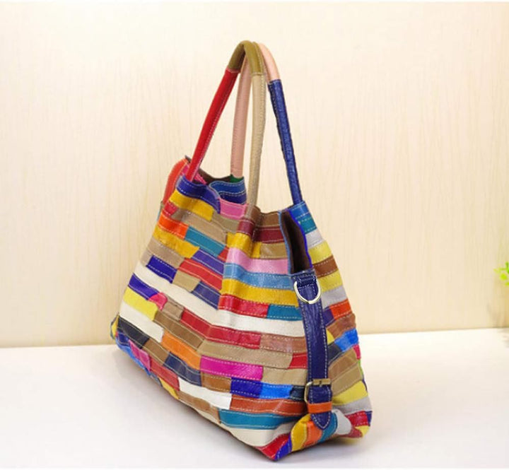 Segater® Damen Multicolor Einkaufstasche Echtes Leder Handtasche Bunte Patchwork Grosse Umhängetasch