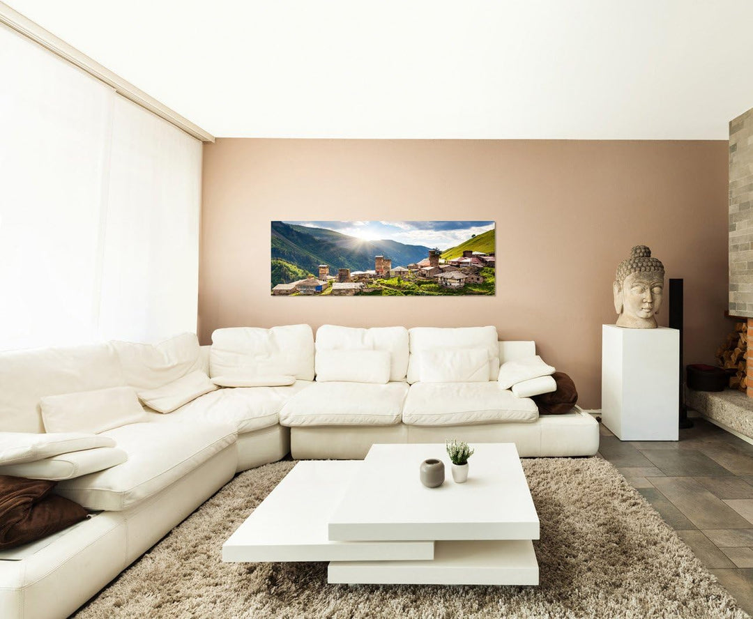 Paul Sinus Art Panoramabild auf Leinwand und Keilrahmen 120x40cm Georgien Kaukasus Bergdorf Berge Wi