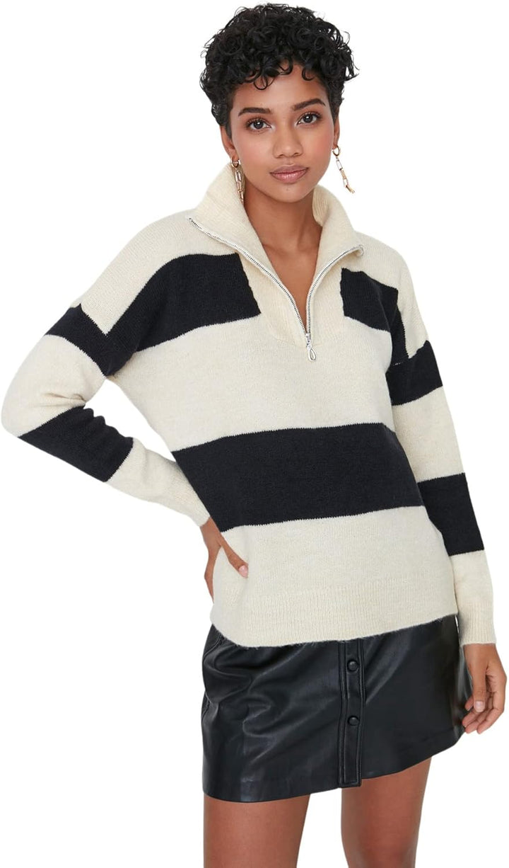 TRENDYOL Damen Stehkragen Gestreift Oversize Sweater Sweatshirt M Grau, M Grau