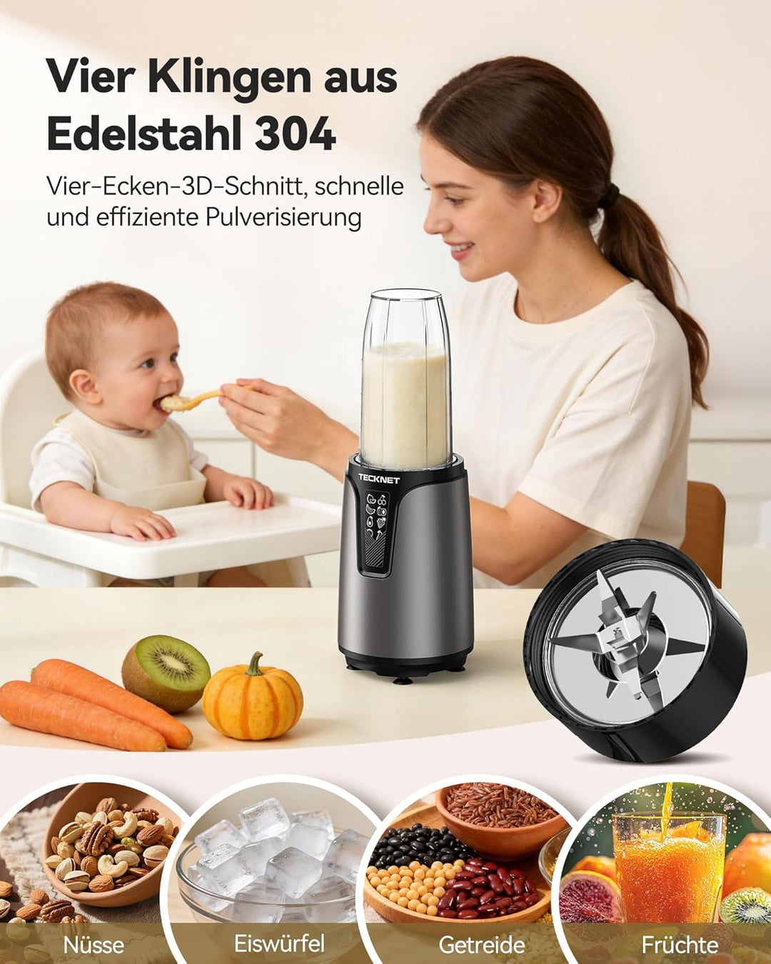 TECKNET 1000W Smoothie Maker, Standmixer mit 2 BPA-freie 600ml Tragbare Becher, Klein mit Kreuzkling