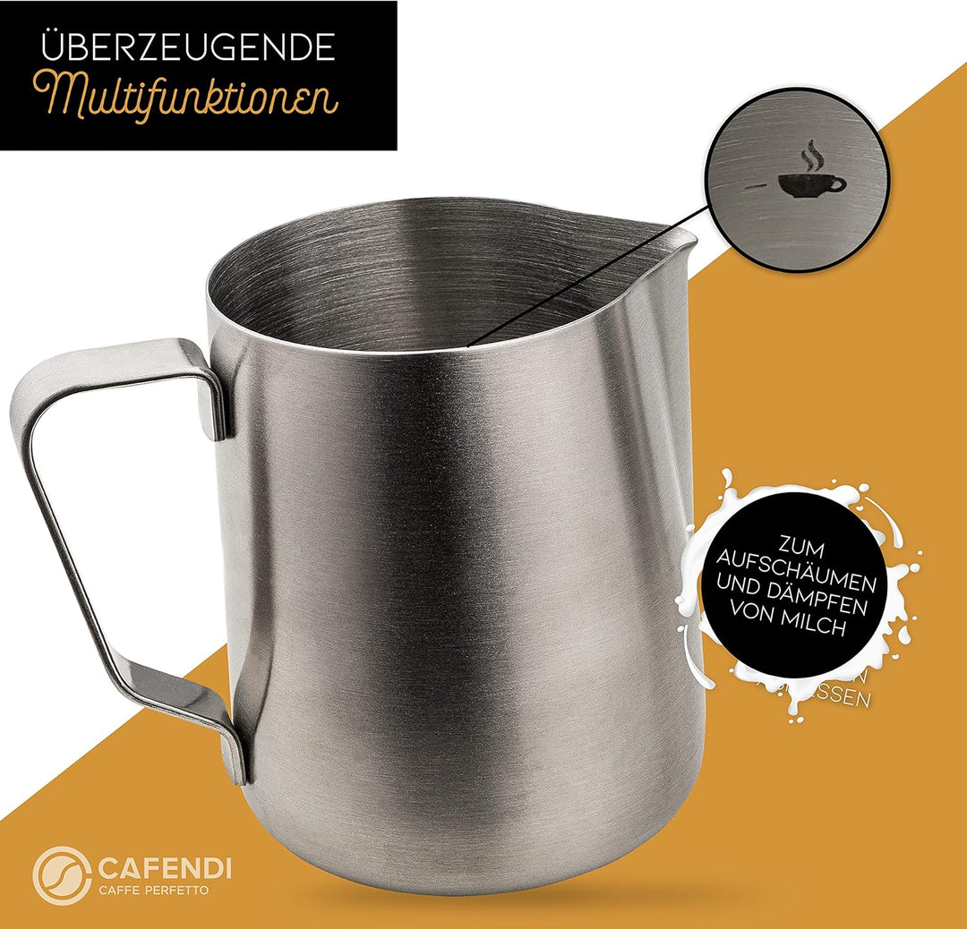 Cafendi | Milchkännchen – Barista Milchkännchen Edelstahl 350ml rostfrei – Milk Pitcher mit Messskal