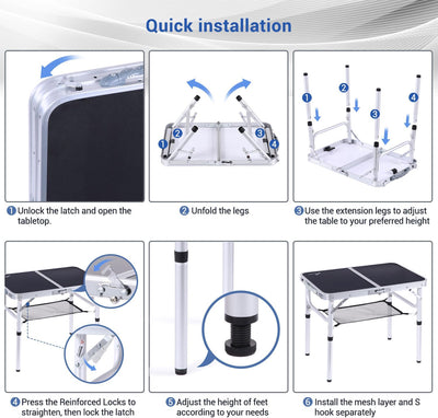 Sportneer Klapptisch, 2 Verstellbare Höhe Camping Tisch mit Mesh Aufbewahrungsmöglichkeit, 60 x 40cm