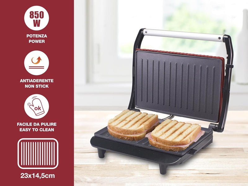 BEPER P101TOS002 Toaster Sandwichmaker, 850W, Antihaftplatte, Wärmeisolierender Griff, Rot