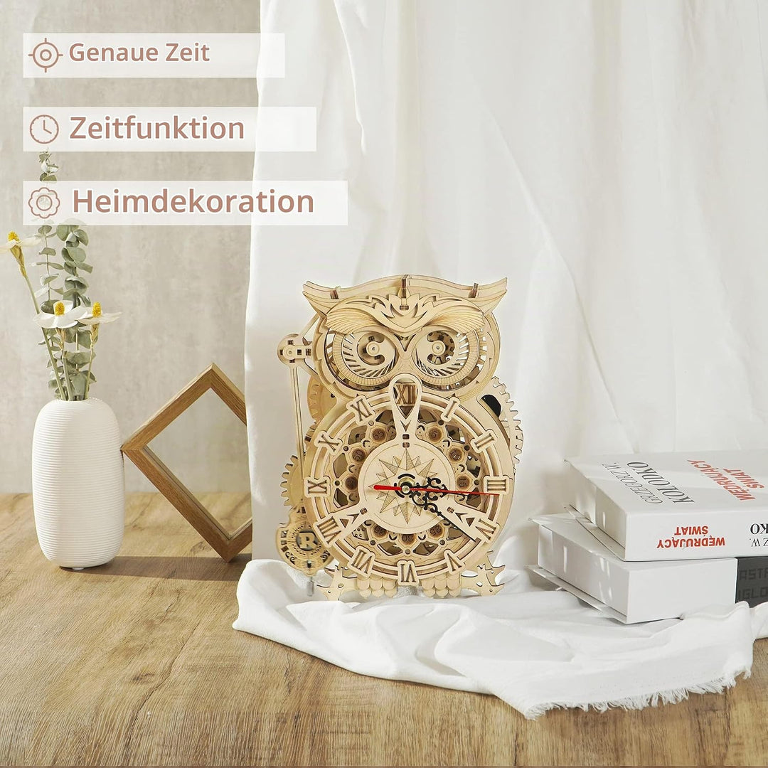 Robotime 3D Puzzle Holz Eule Uhr, Hölzerne Mechanische Modellbausatz für Erwachsene, Handwerk Holzba